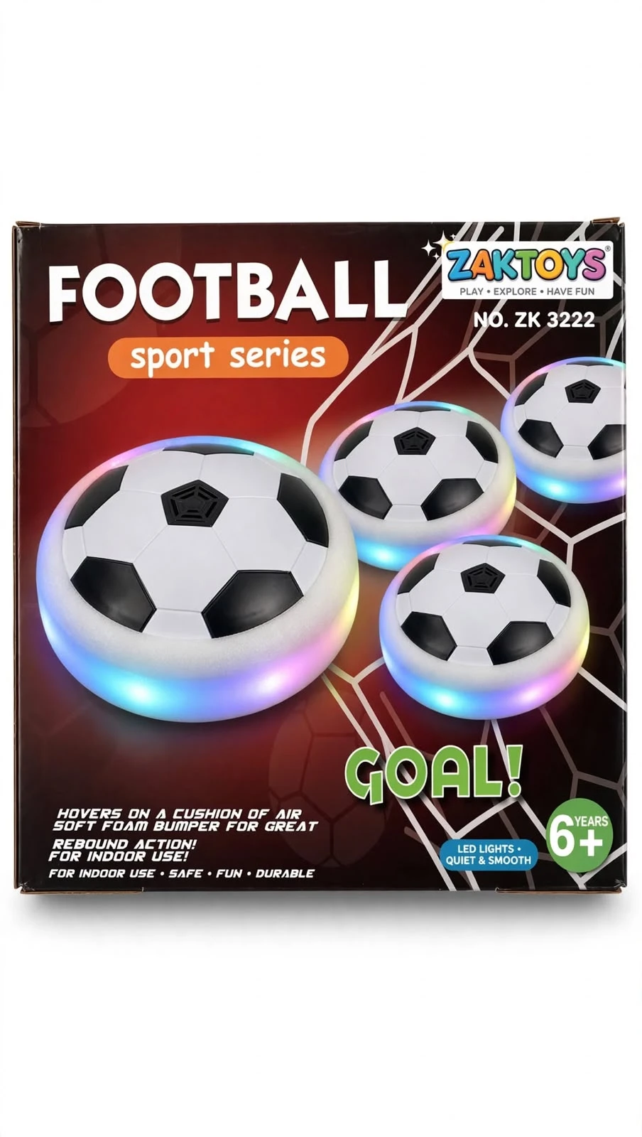 ZAKTOYS hover football toy with LED lights and soft foam bumper for indoor kids play