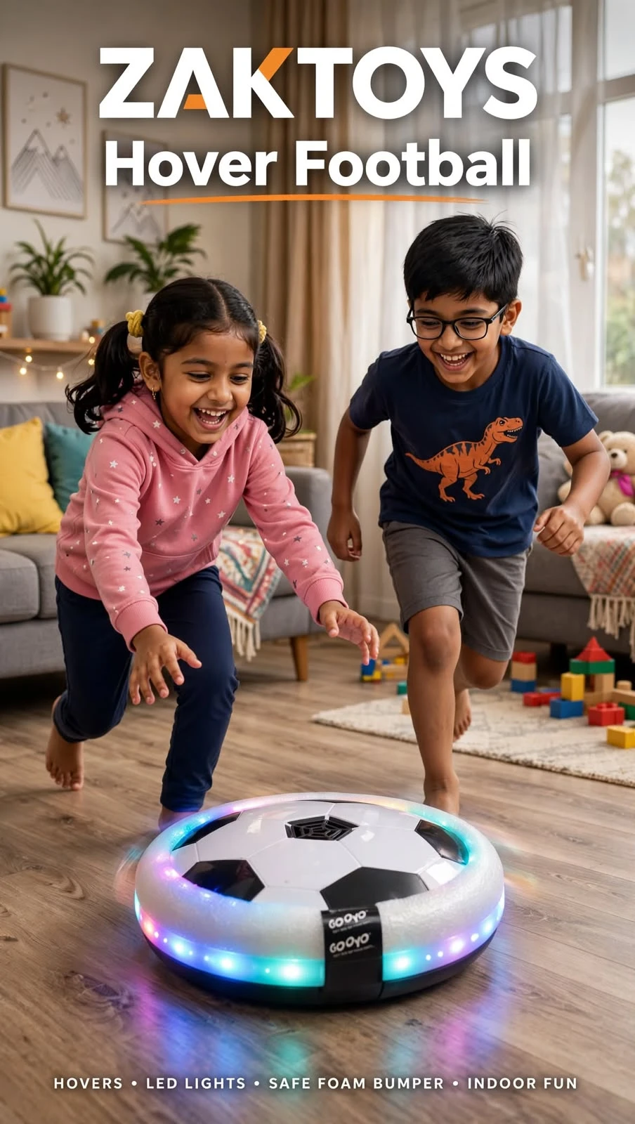 ZAKTOYS hover football toy with LED lights and soft foam bumper for indoor kids play