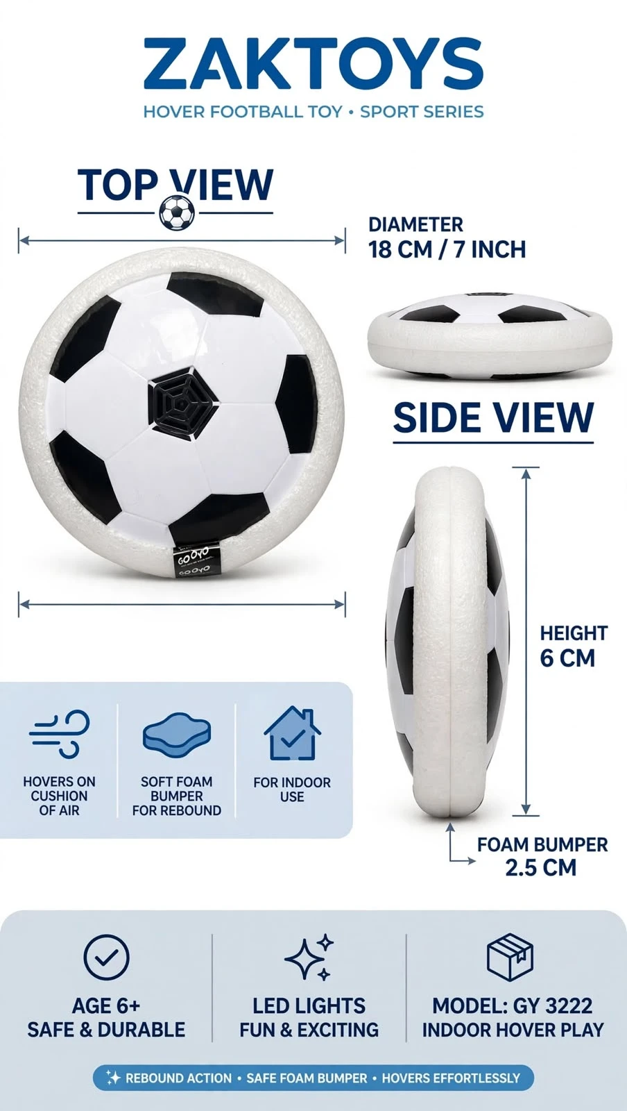 ZAKTOYS hover football toy with LED lights and soft foam bumper for indoor kids play