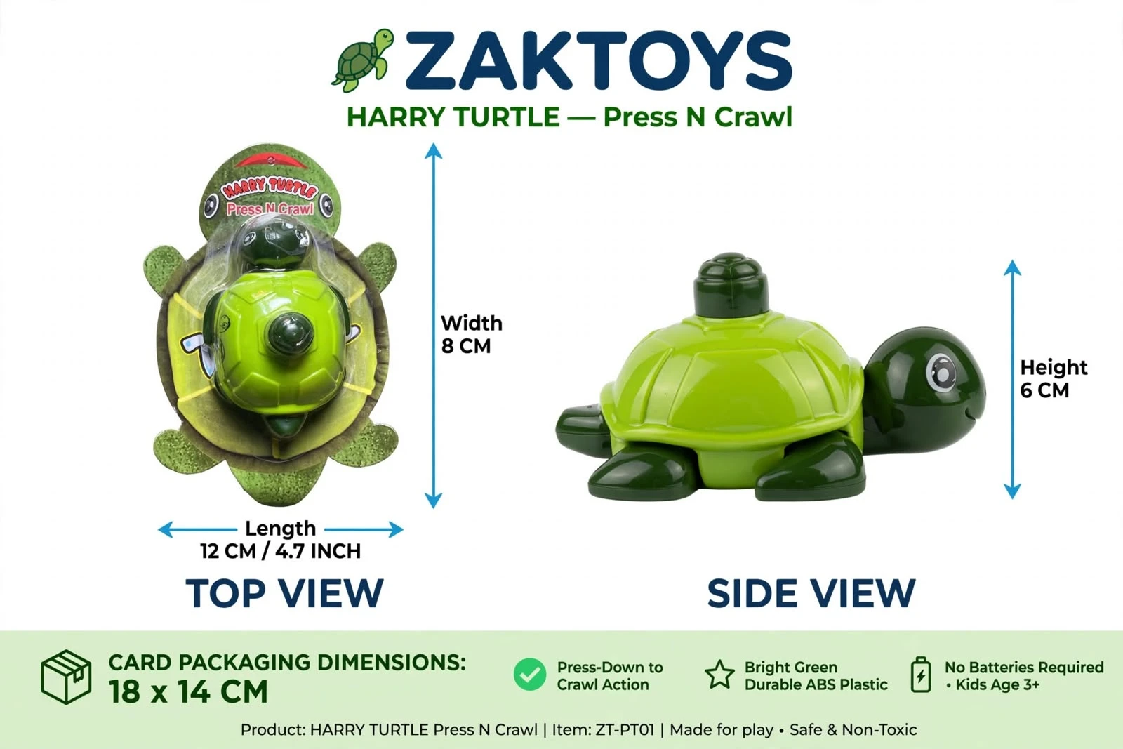 ZAKTOYS Harry Turtle Press N Crawl friction-powered green turtle toy for babies and toddlers