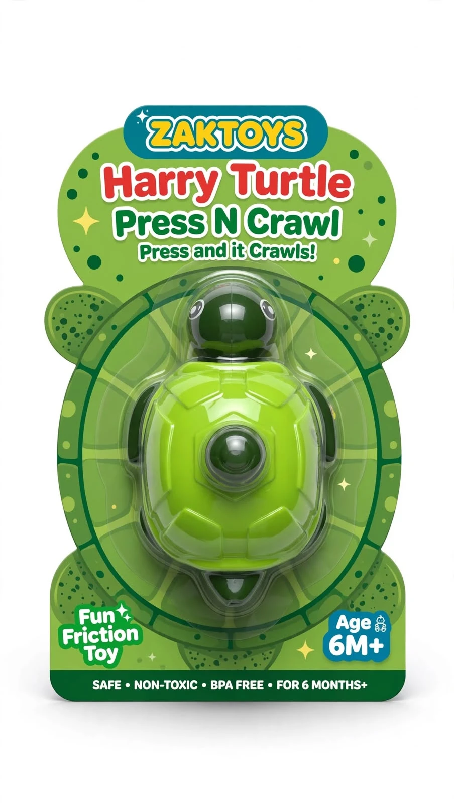 ZAKTOYS Harry Turtle Press N Crawl friction-powered green turtle toy for babies and toddlers