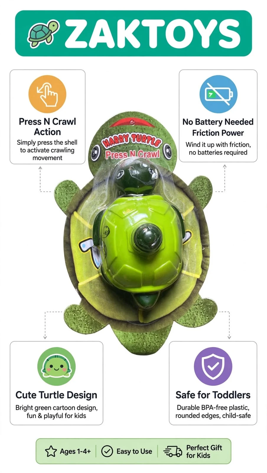 ZAKTOYS Harry Turtle Press N Crawl friction-powered green turtle toy for babies and toddlers