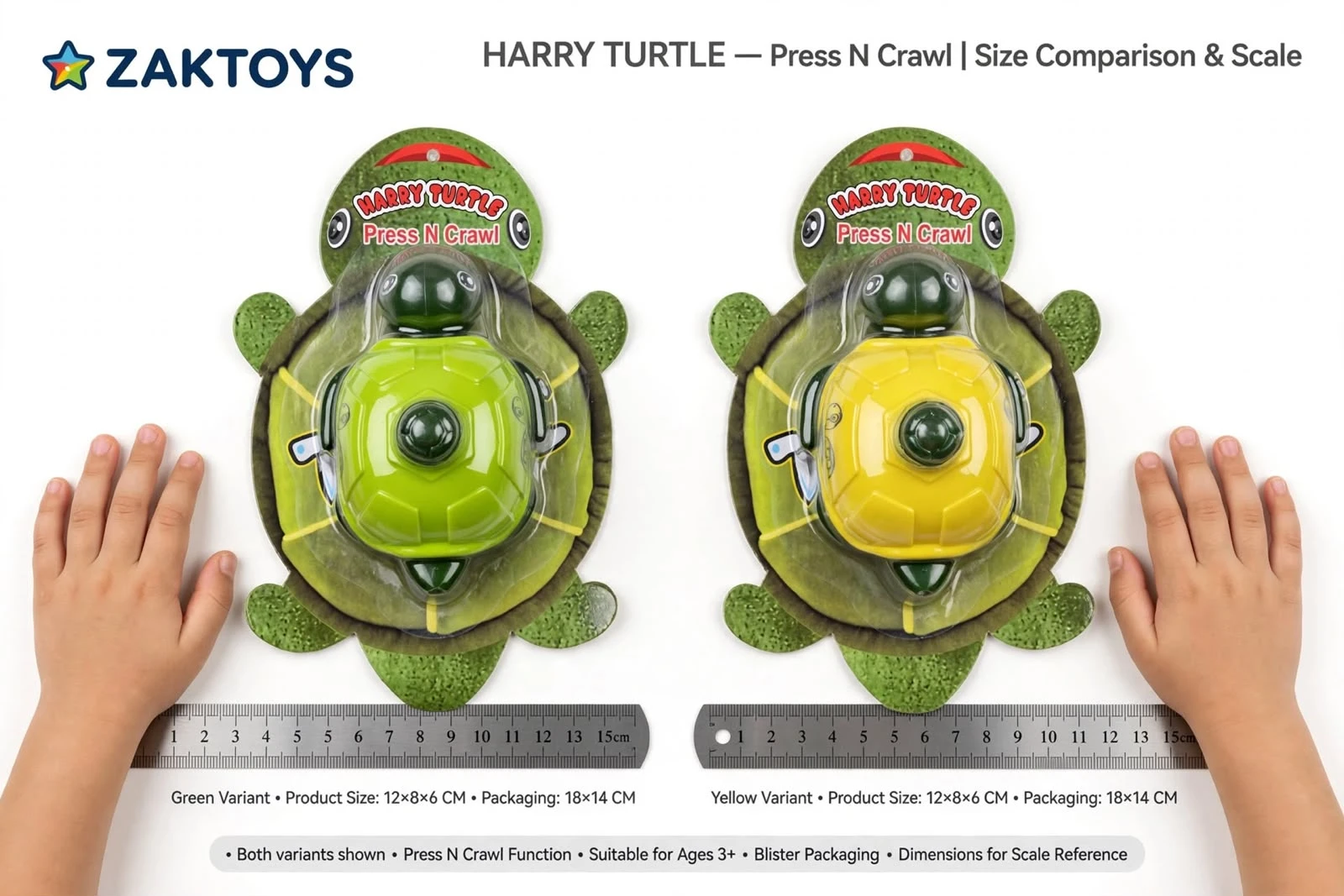 ZAKTOYS Harry Turtle Press N Crawl friction-powered green turtle toy for babies and toddlers