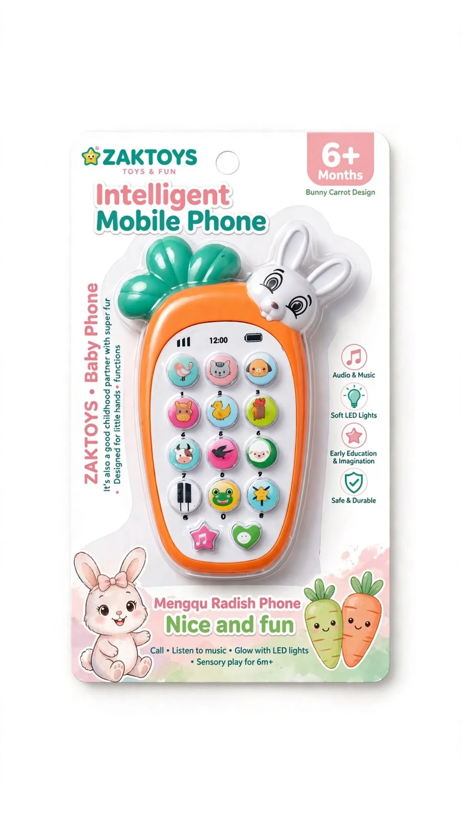 ZAKTOYS baby carrot musical phone toy with bunny design and colorful animal buttons