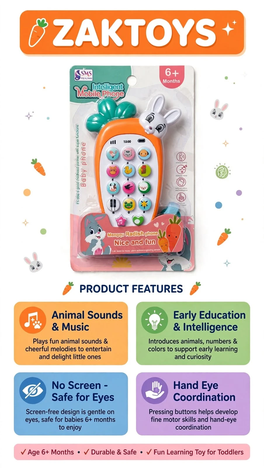 ZAKTOYS baby carrot musical phone toy with bunny design and colorful animal buttons