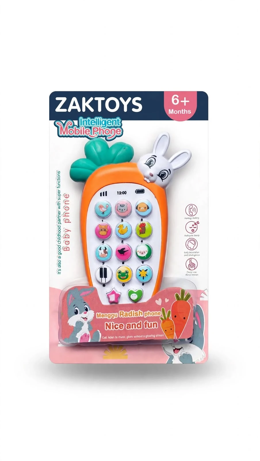 ZAKTOYS baby carrot musical phone toy with bunny design and colorful animal buttons