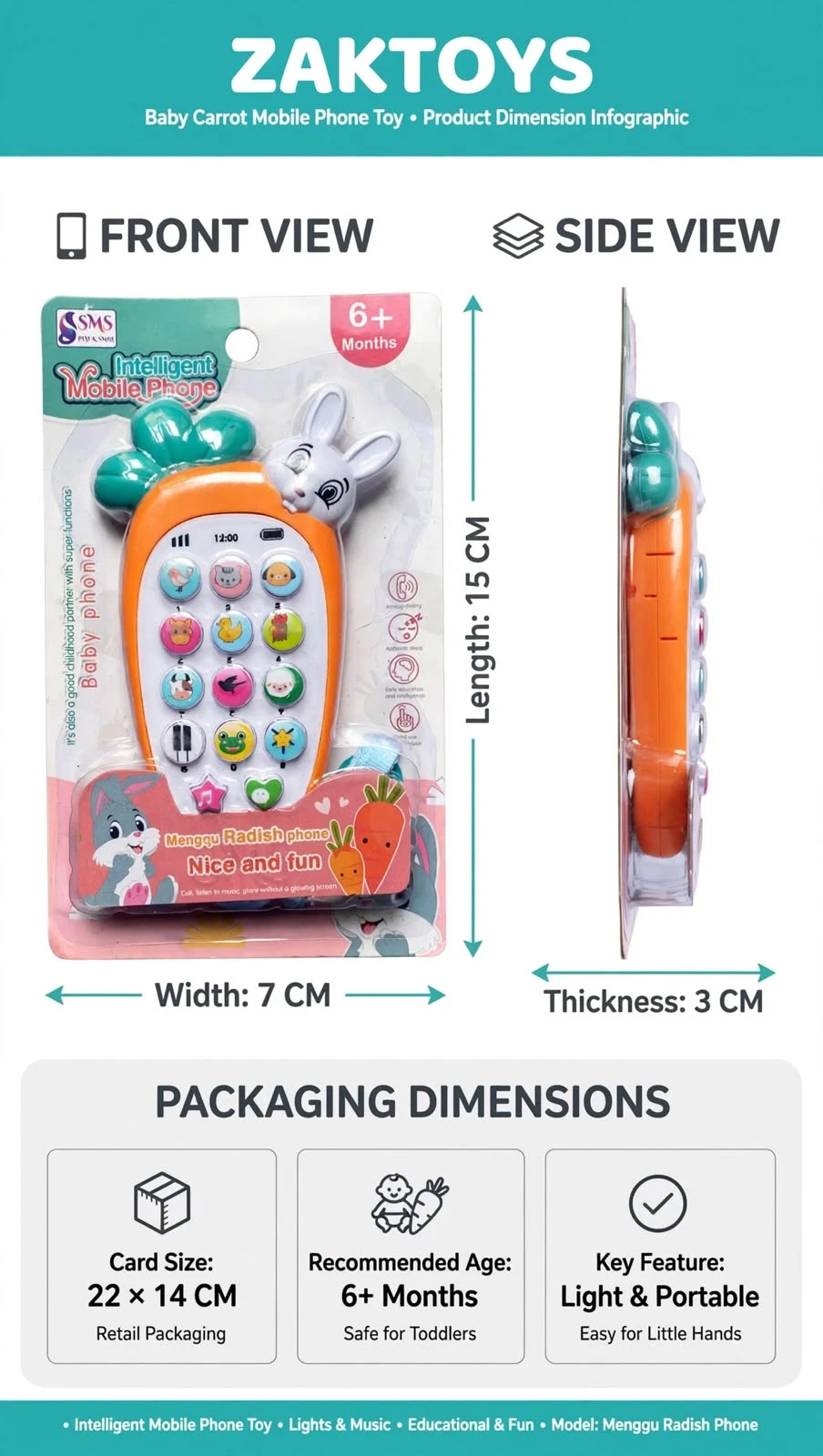 ZAKTOYS baby carrot musical phone toy with bunny design and colorful animal buttons