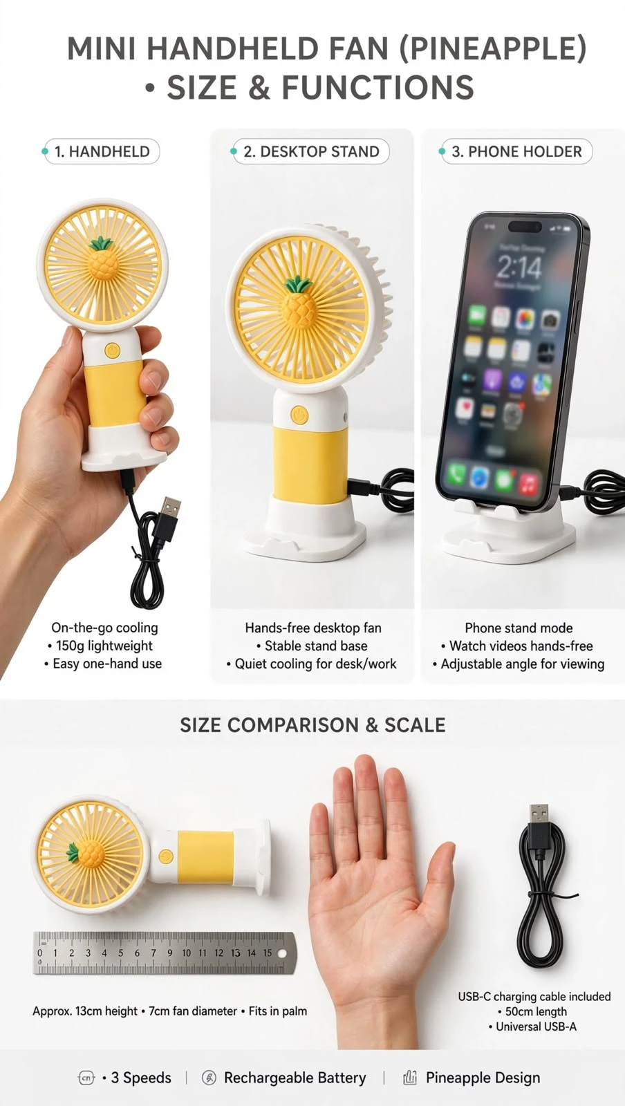 ZAKTOYS mini pineapple handheld fan with yellow blades, USB charging and desk stand base