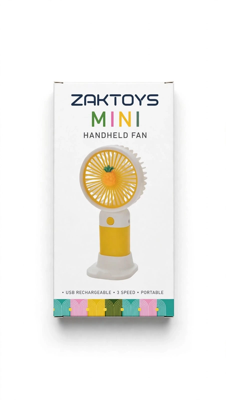 ZAKTOYS mini pineapple handheld fan with yellow blades, USB charging and desk stand base