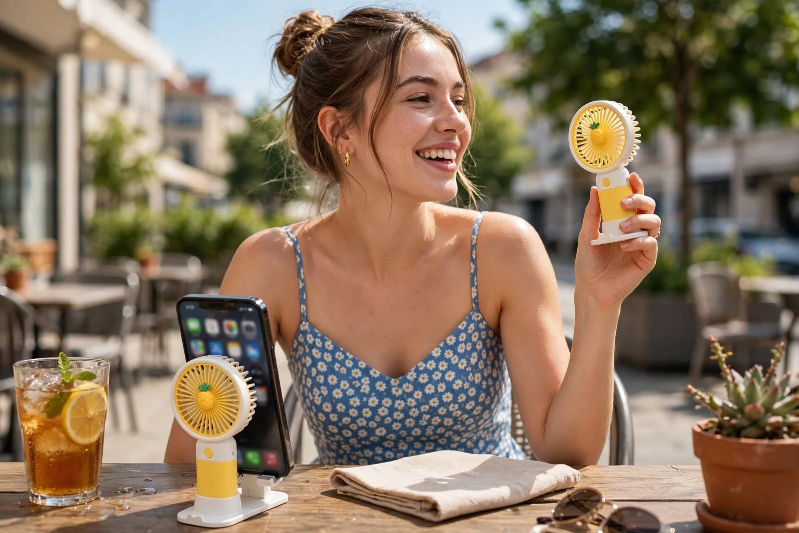 ZAKTOYS mini pineapple handheld fan with yellow blades, USB charging and desk stand base