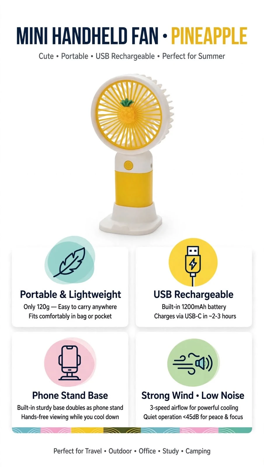 ZAKTOYS mini pineapple handheld fan with yellow blades, USB charging and desk stand base