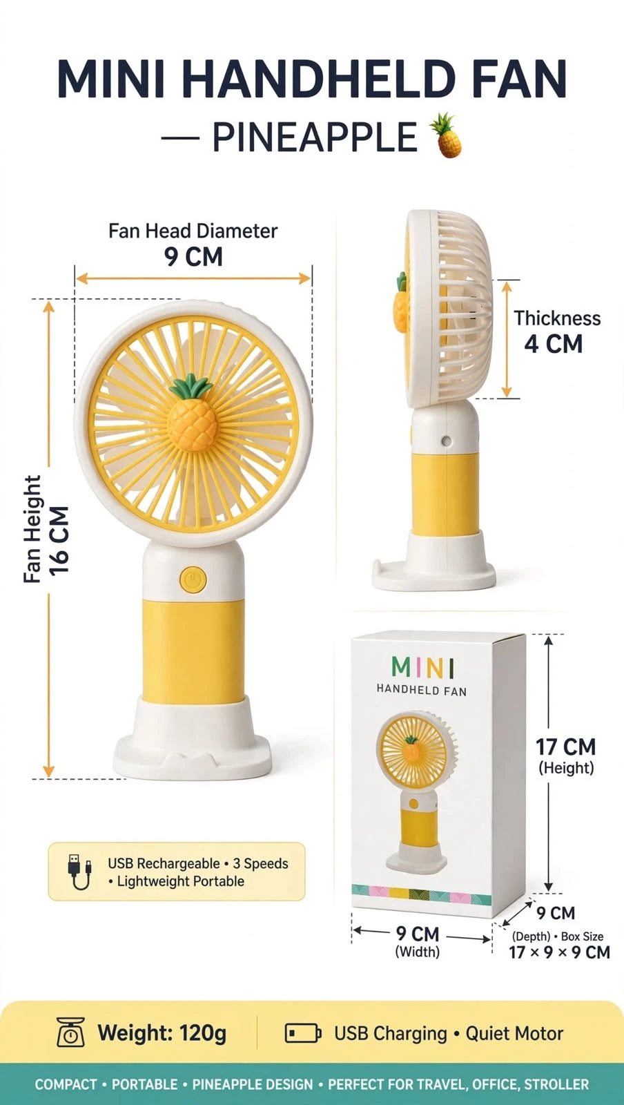 ZAKTOYS mini pineapple handheld fan with yellow blades, USB charging and desk stand base