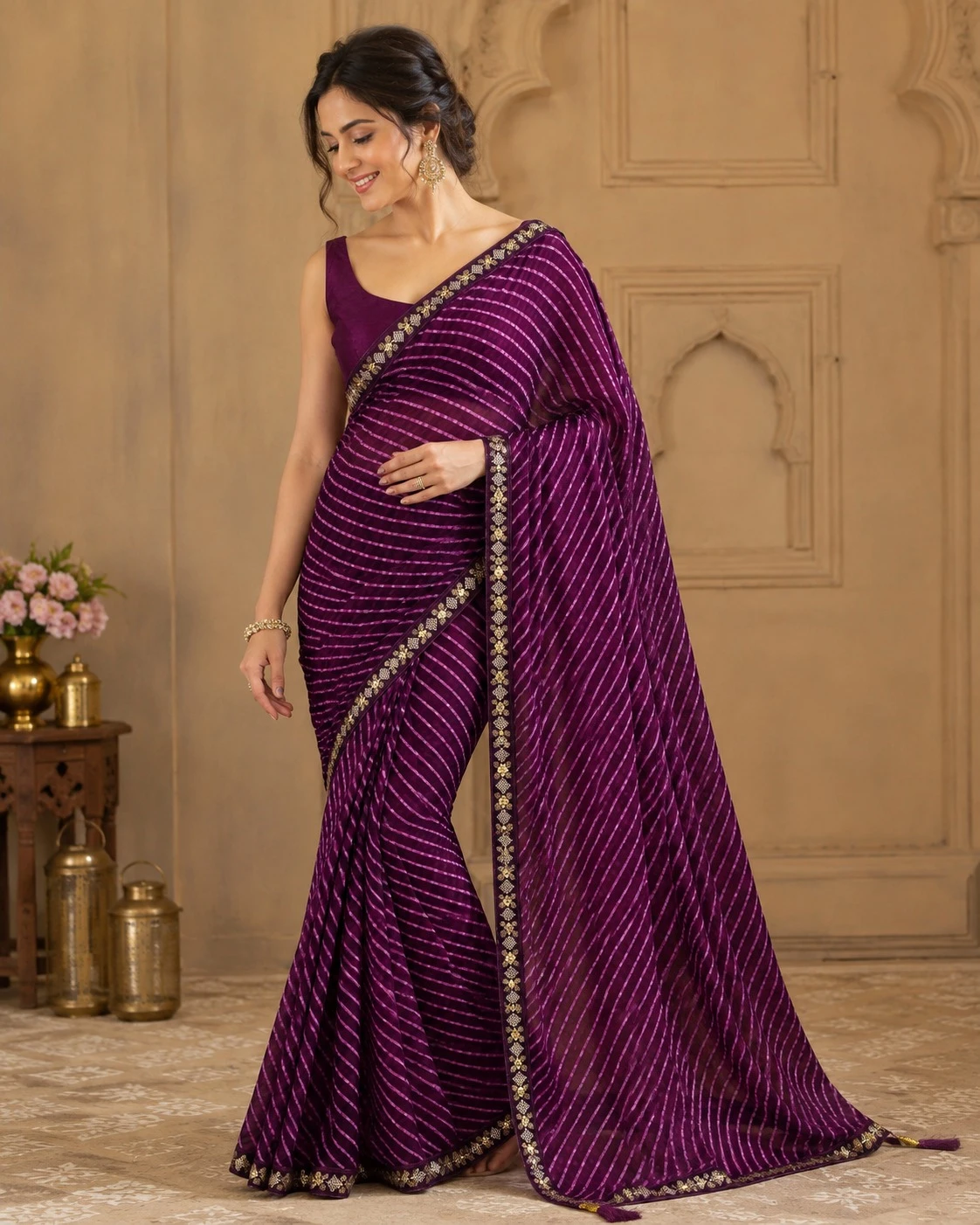 Women's Purple Striped Silk Saree with Embroidered Border