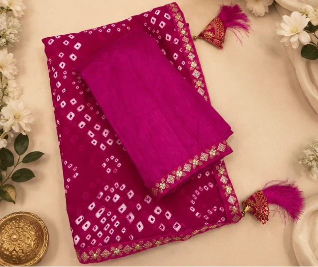 Women's Magenta Printed Saree with Gold Border view 4