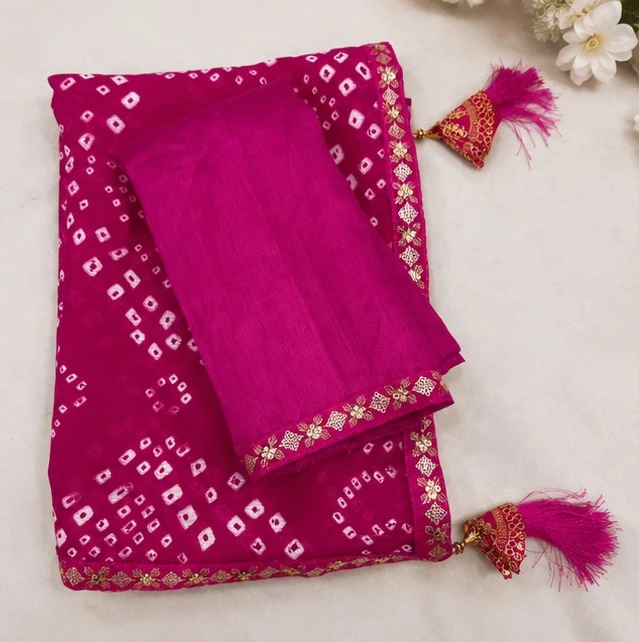 Women's Magenta Printed Saree with Gold Border view 2