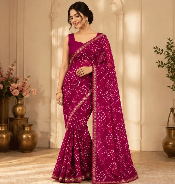 Women's Magenta Printed Saree with Gold Border