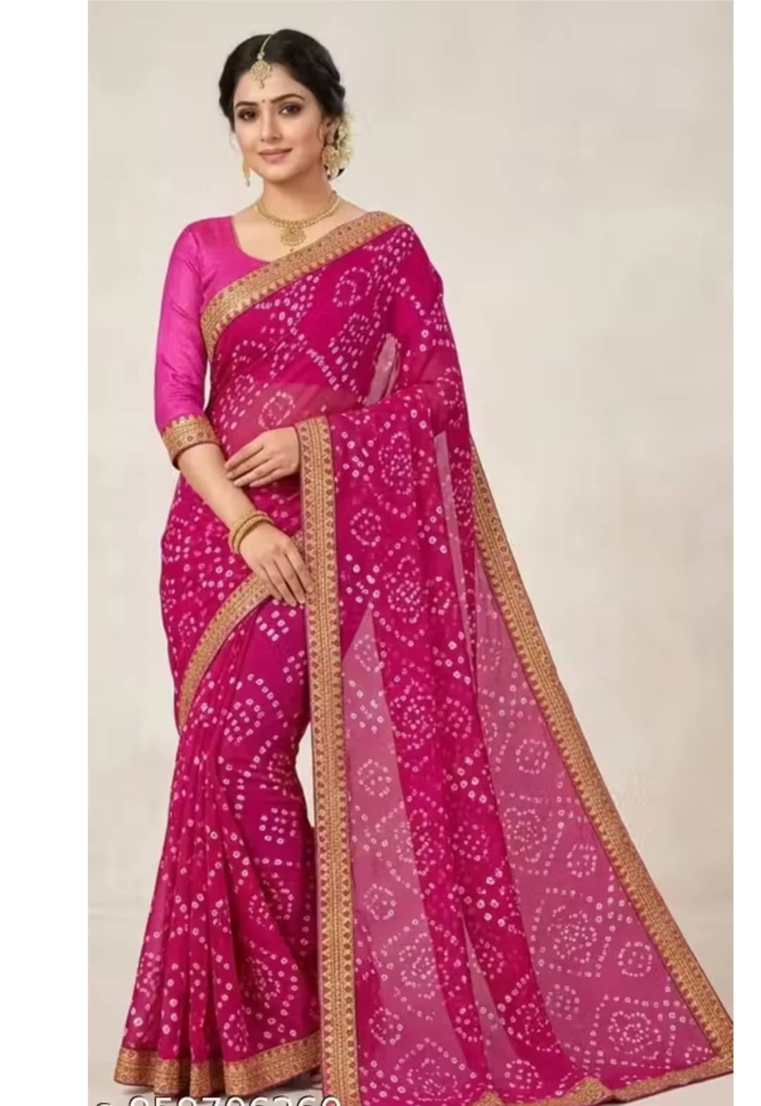 Women's Pink Bandhani Print Saree with Gold Border