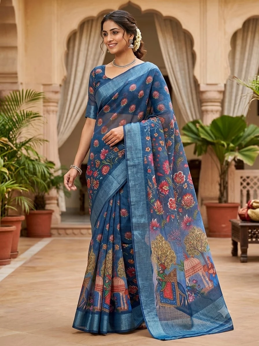 Women's Blue Floral Printed Saree with Scenic Border