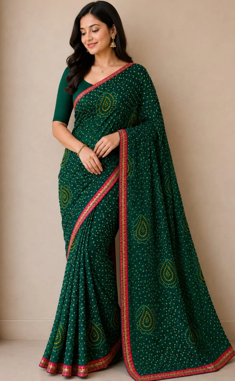 Women's Green Printed Saree with Contrast Border
