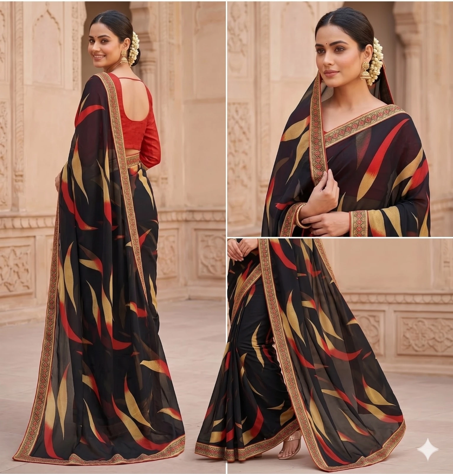 Folded black saree with red and beige abstract print and ornate red-gold border