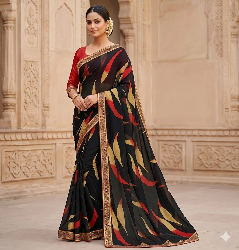 Folded black saree with red and beige abstract print and ornate red-gold border