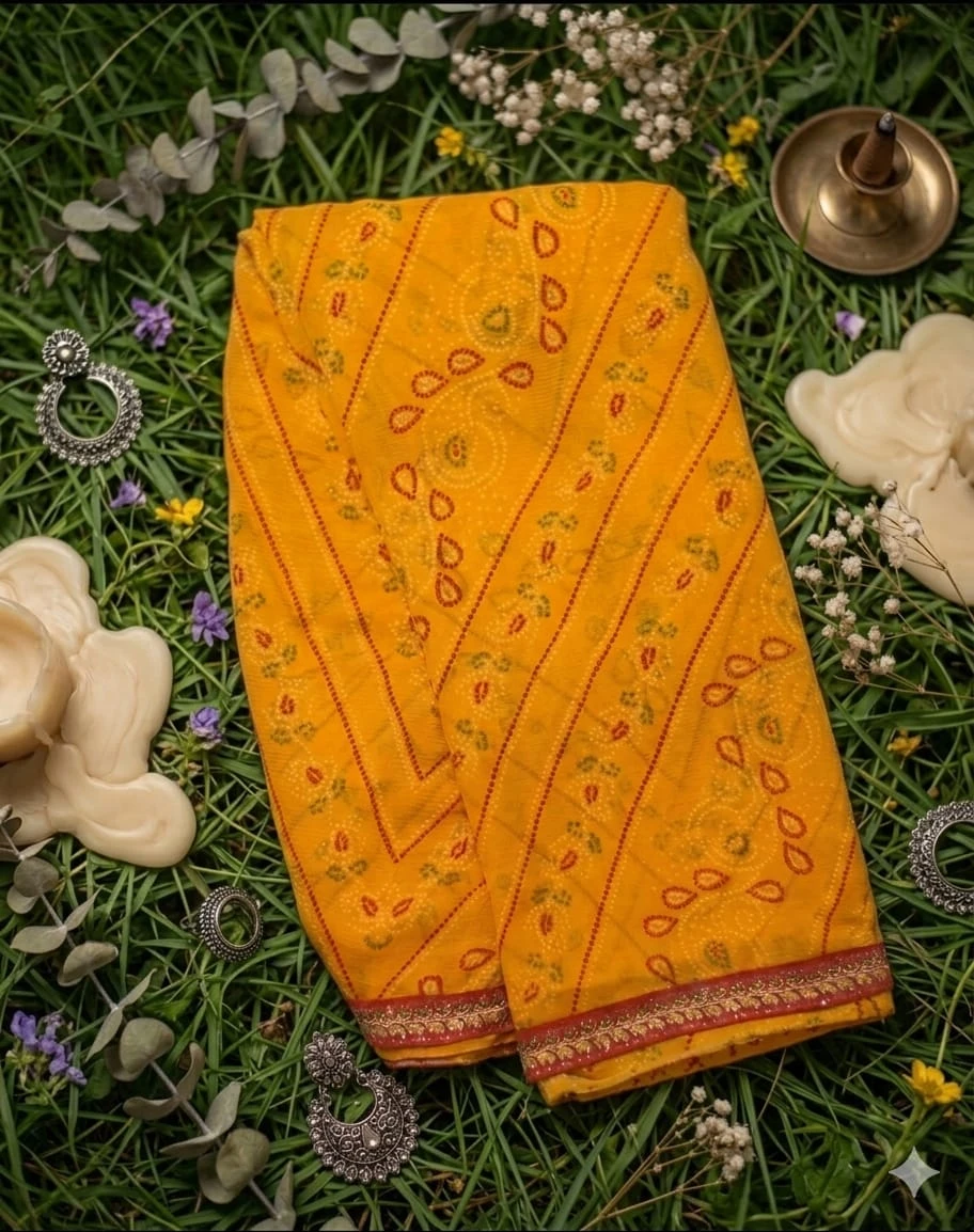Folded yellow printed saree with red embellished border placed on a patterned surface