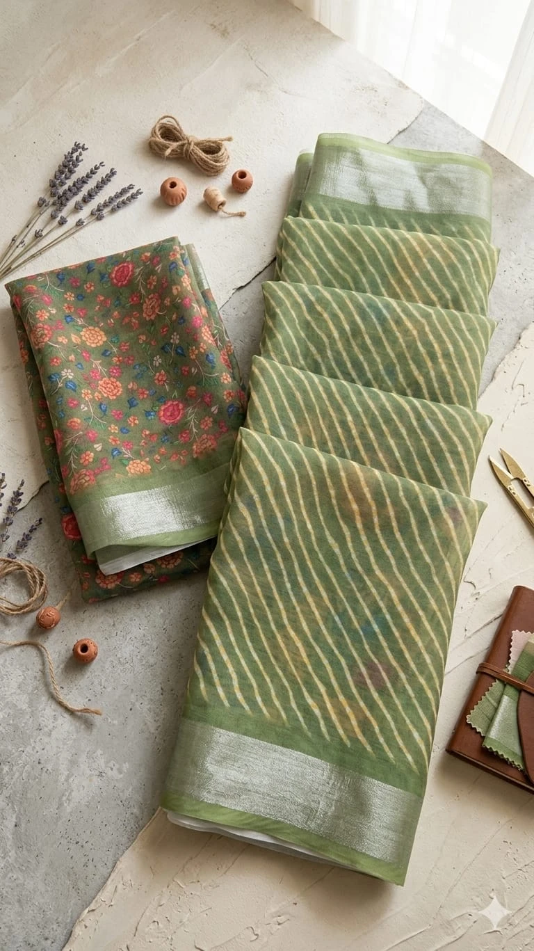 Green silk saree with peacock and floral print, striped pallu and matching blouse piece