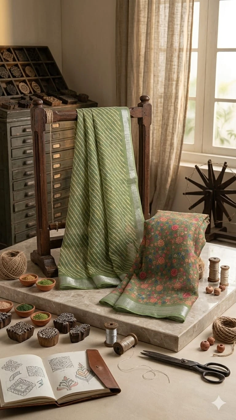 Green silk saree with peacock and floral print, striped pallu and matching blouse piece