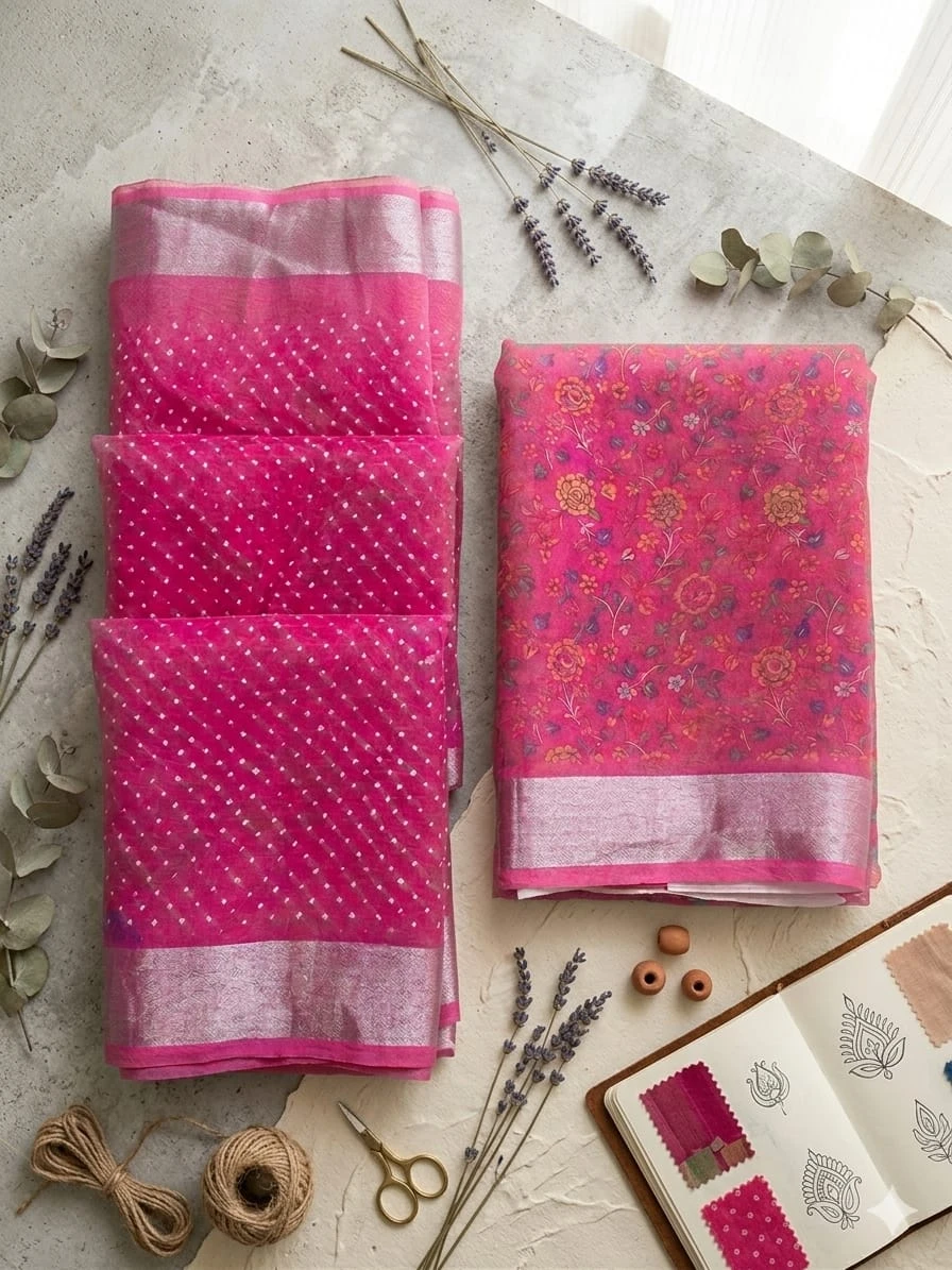 Folded pink silk sarees with silver border styling on a table by an open window overlooking green fields