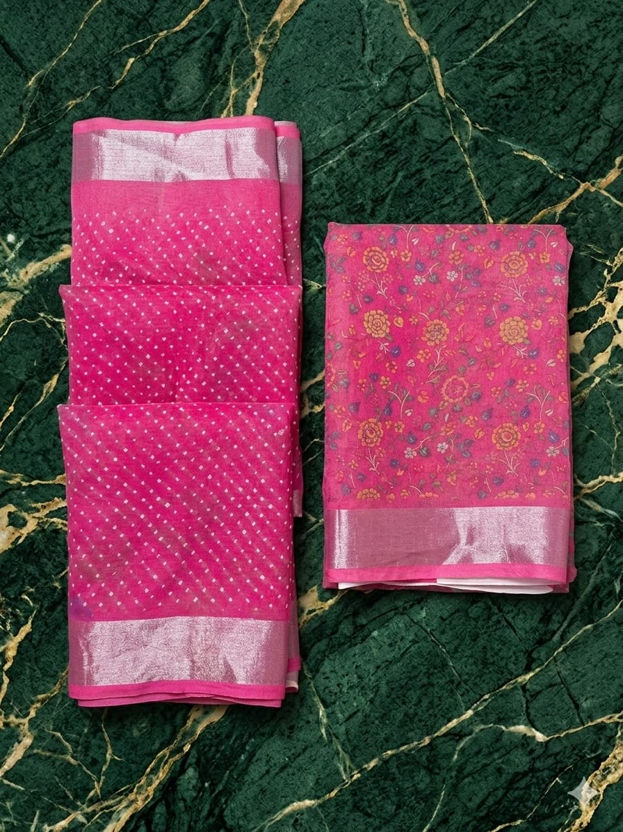 Folded pink silk sarees with silver border styling on a table by an open window overlooking green fields