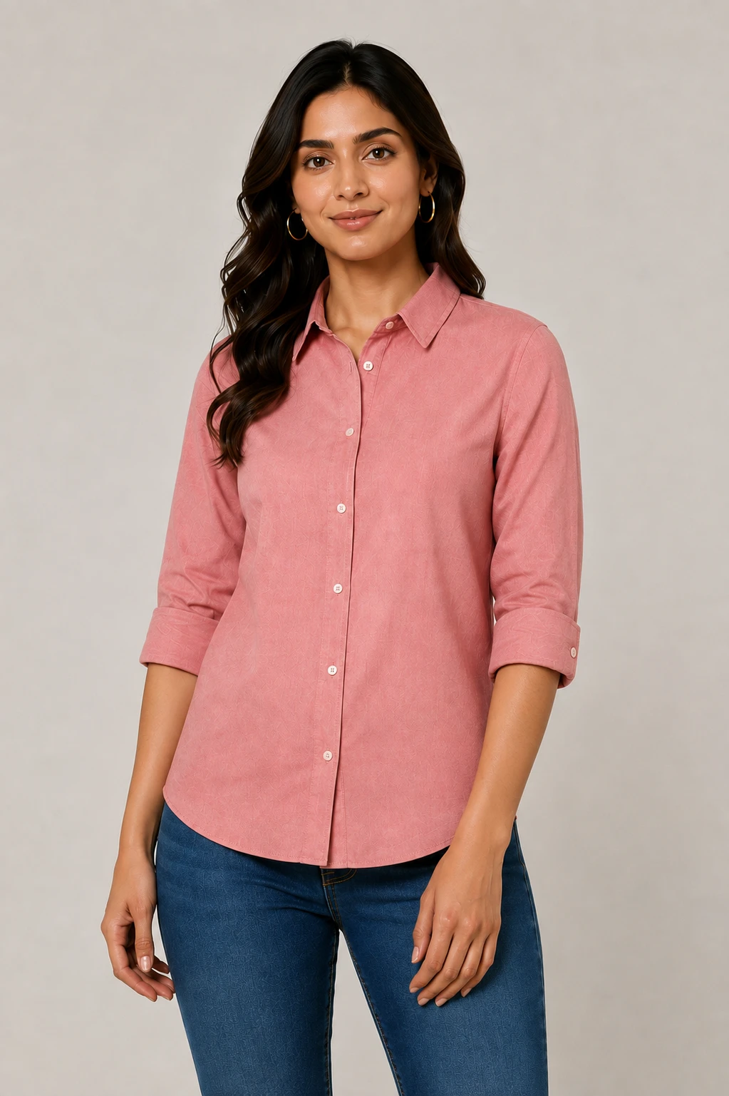 Women's Dusty Rose Solid Button Down Shirt with Roll - Up 3/4 Sleeves.