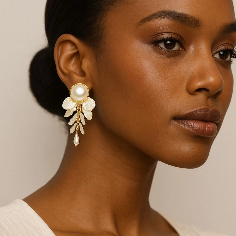 Tahaniya Ggotbit Pearl Petal Drops Korean Style Earring Drops & Danglers view 2