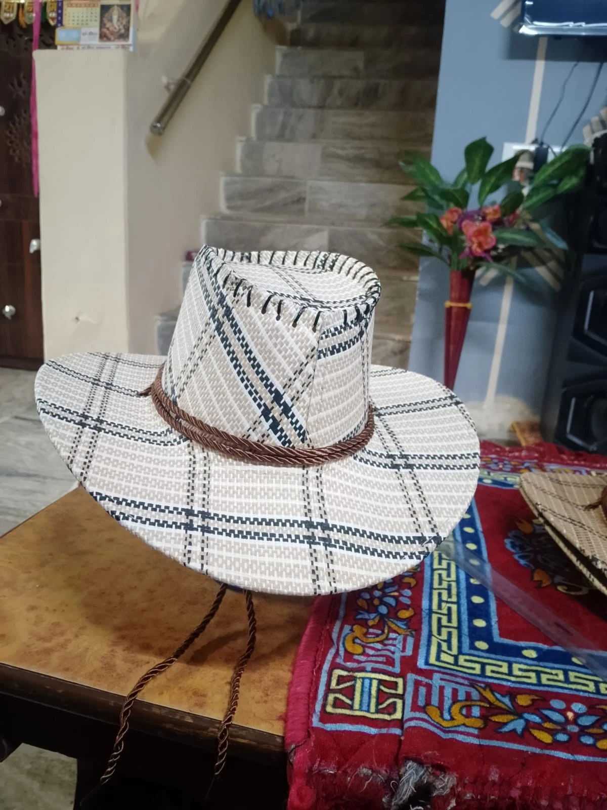 Woven Cowboy Hat with Plaid Pattern