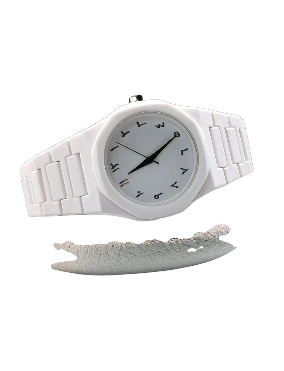 White analog wrist watch with black Arabic numerals and matching white linked strap