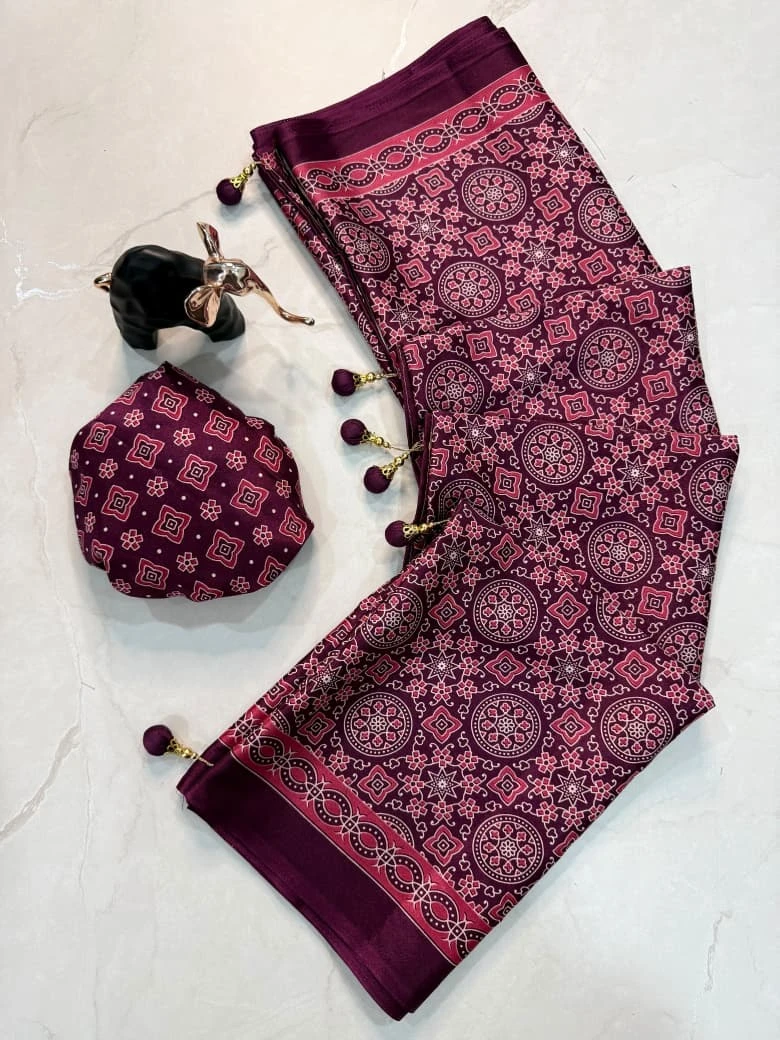 Ajrakh Print Premium Crepe Gajji Silk Saree with Blouse - Maroon Pink