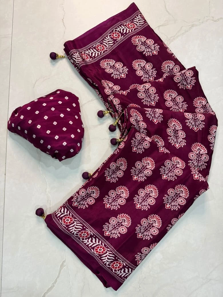 Ajrakh Print Premium Crepe Gajji Silk Saree with Blouse