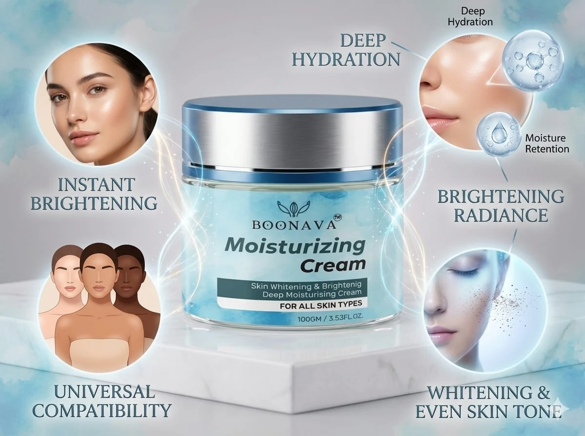 Boonava moisturizing cream jar with silver lid and skin hydration, brightening, radiance and soothing benefits