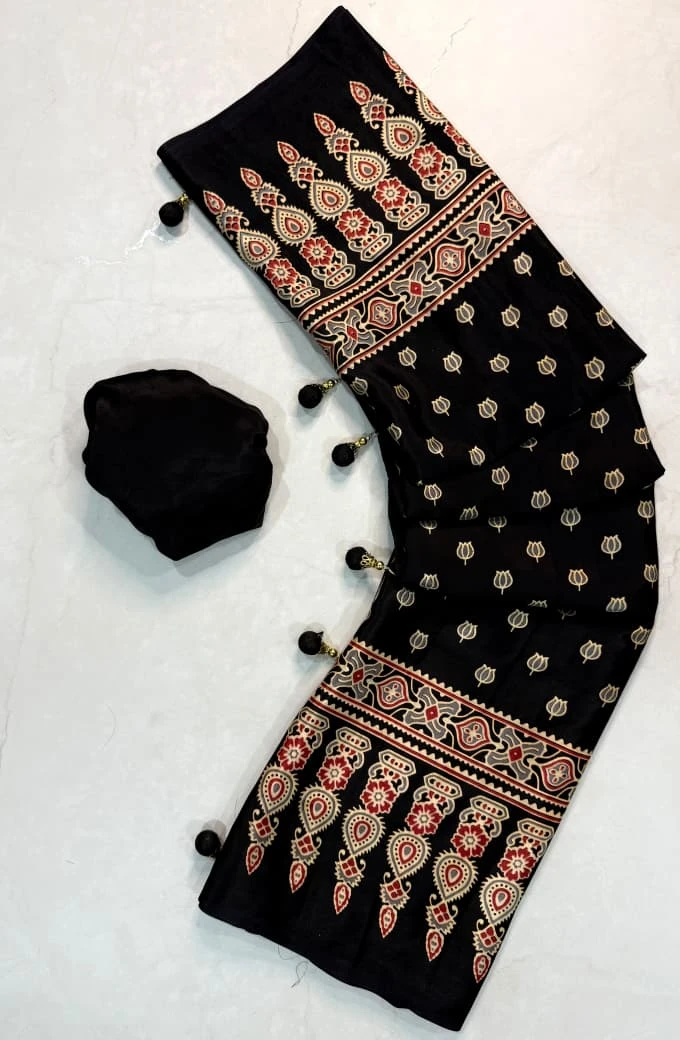 Ajrakh Print Premium Crepe Gajji Silk Saree with Blouse - Black Lotus