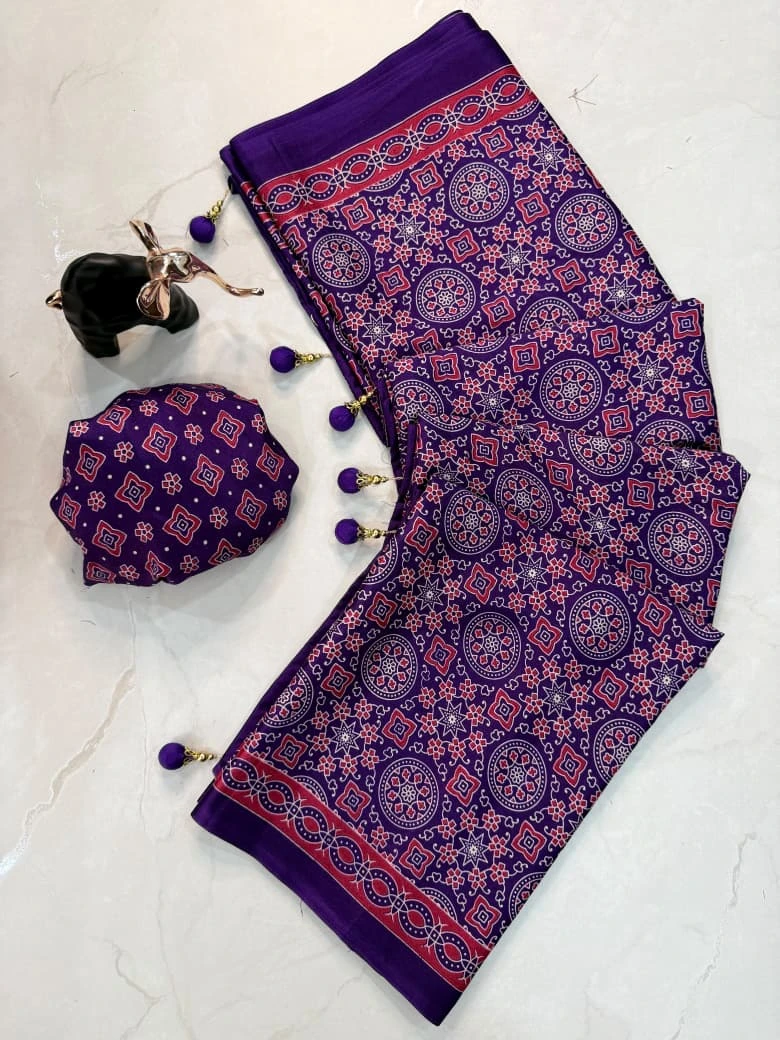 Ajrakh Print Premium Crepe Gajji Silk Saree with Blouse - Purple Medallion
