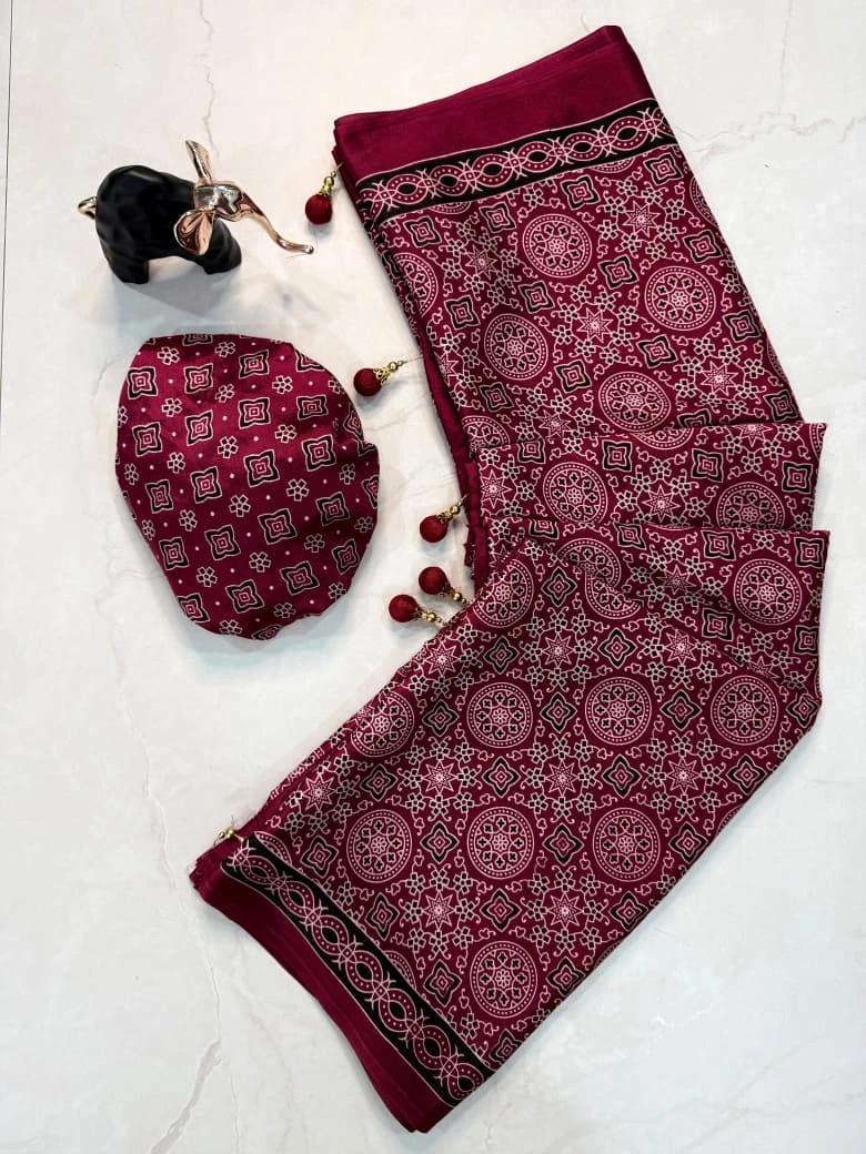 Ajrakh Print Premium Crepe Gajji Silk Saree with Blouse - Maroon Medallion