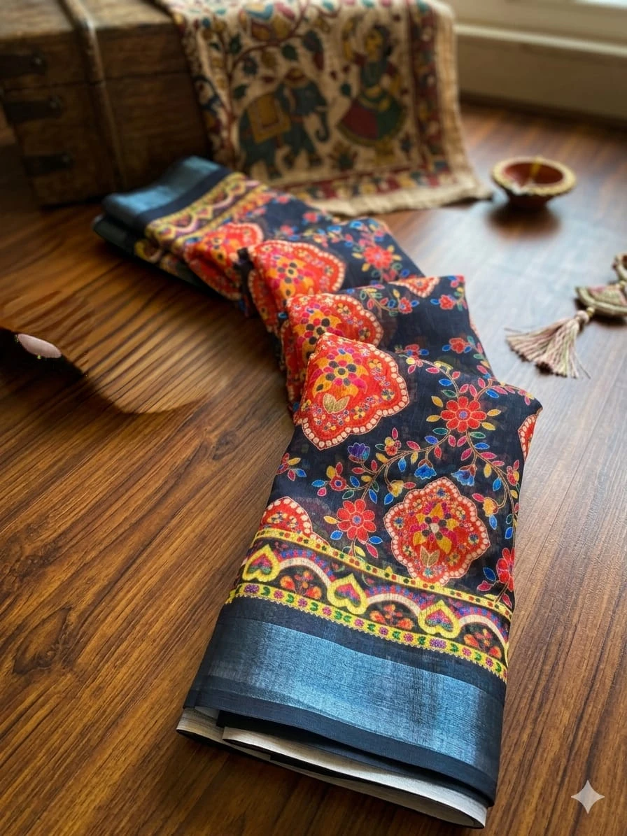 Women’s Printed Saree with Blue Border view 3
