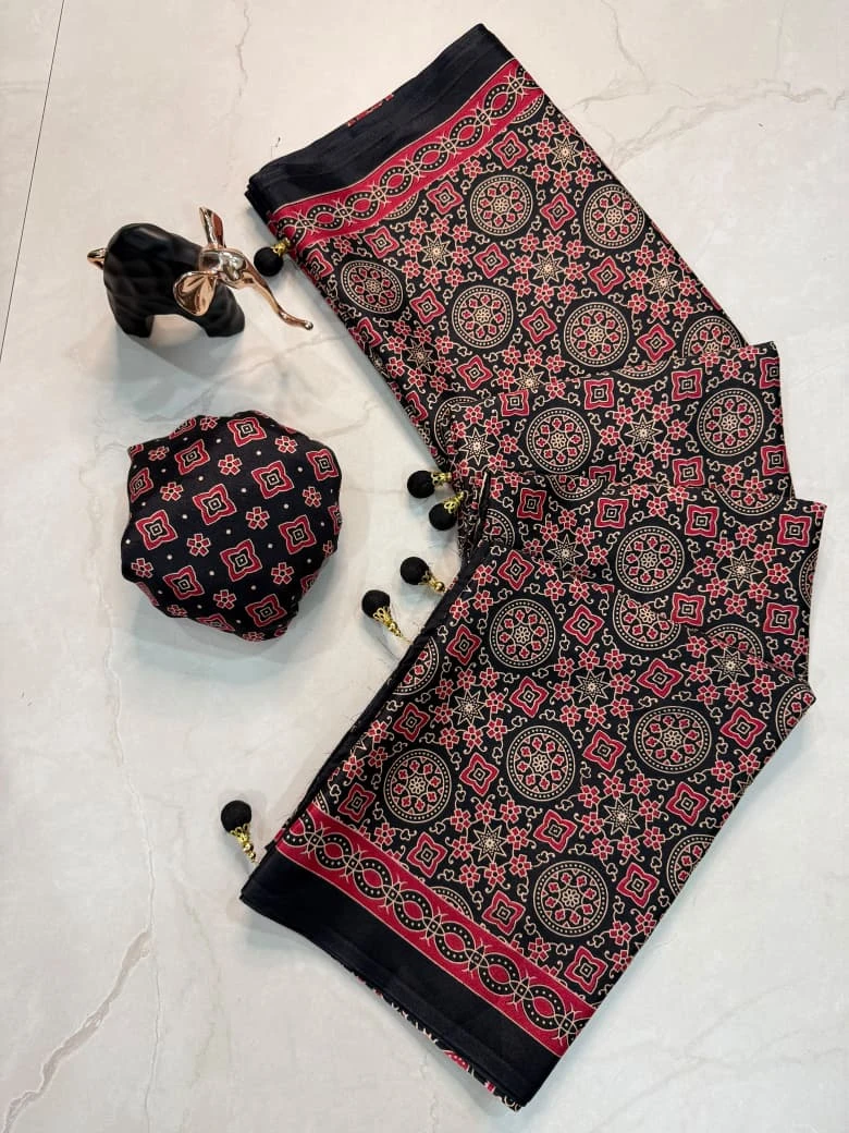 Ajrakh Print Premium Crepe Gajji Silk Saree with Blouse - Black Gold