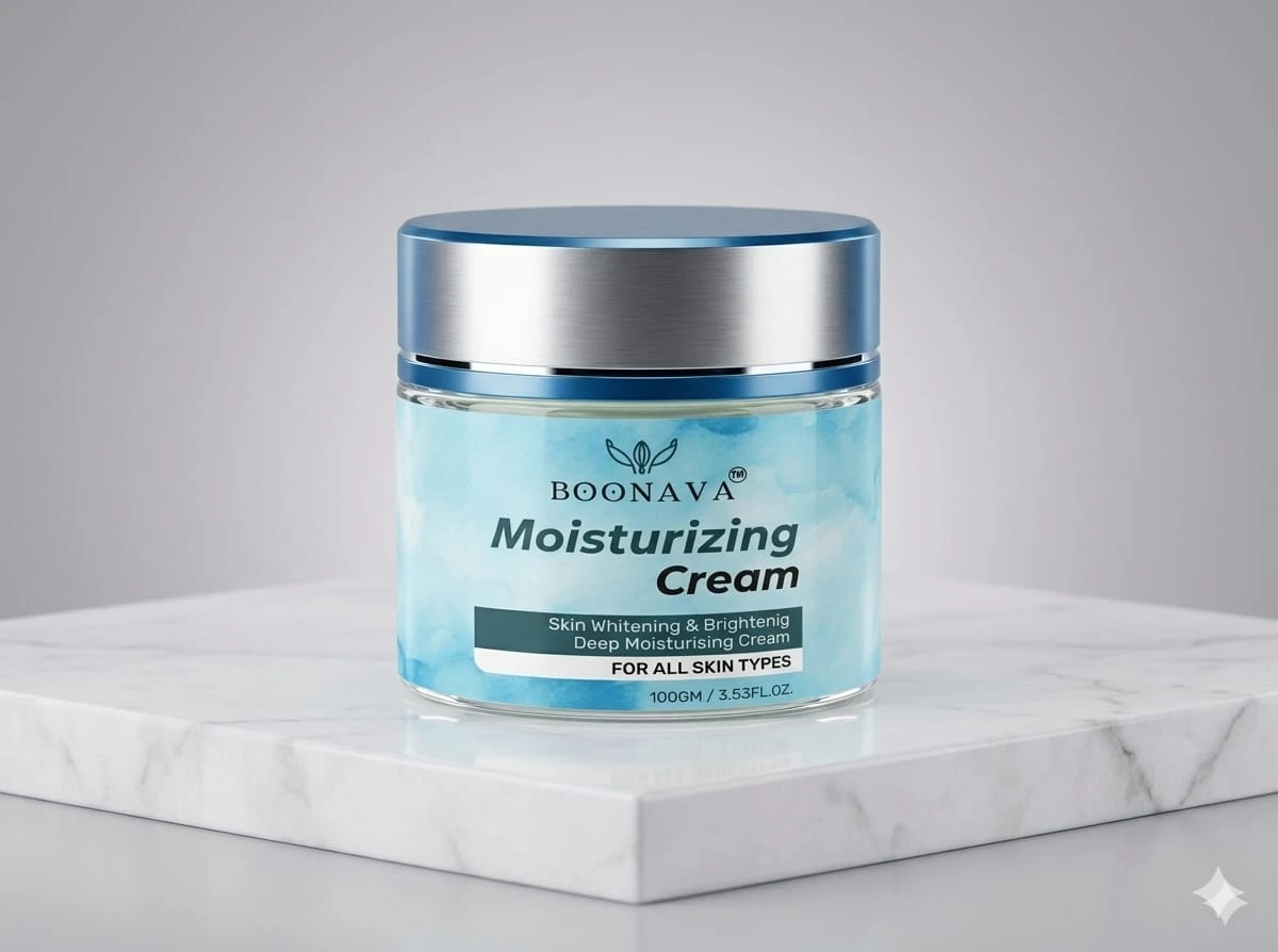 Boonava moisturizing cream jar with silver lid and skin hydration, brightening, radiance and soothing benefits