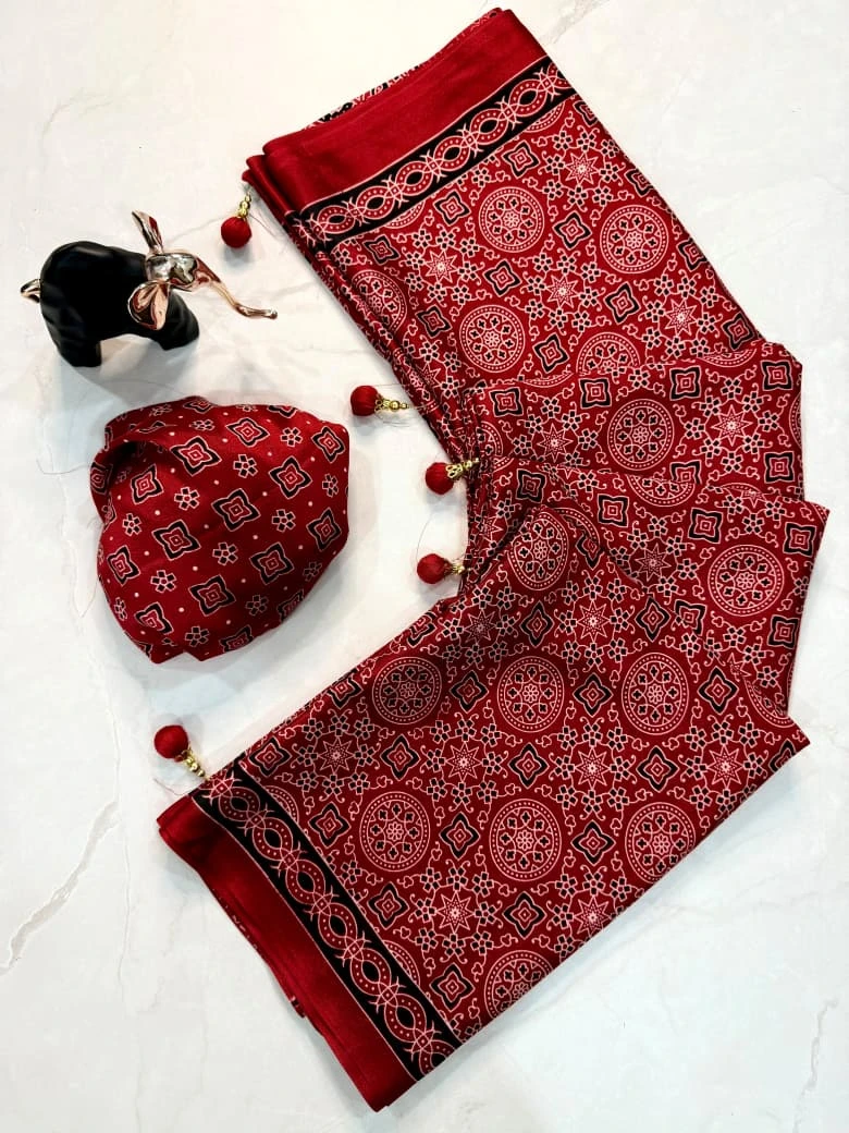 Ajrakh Print Premium Crepe Gajji Silk Saree with Blouse - Red