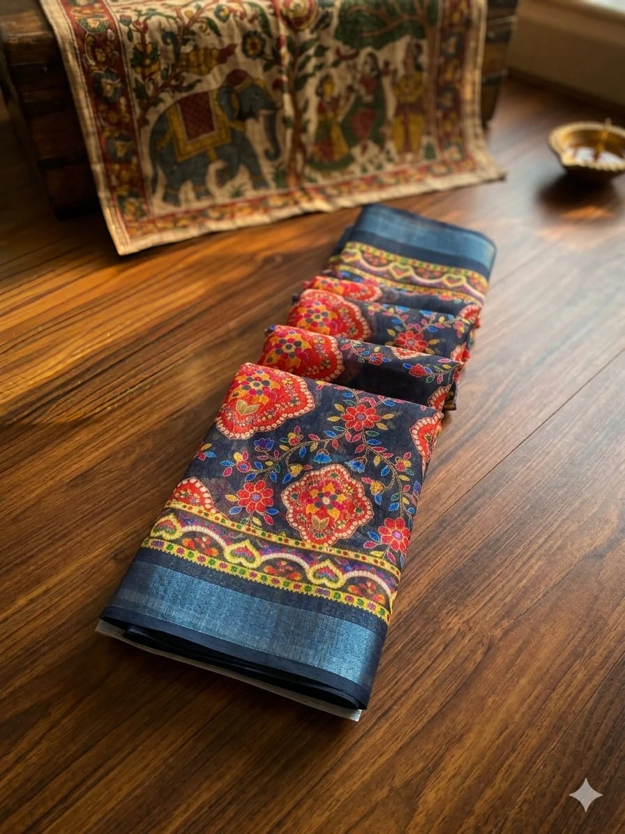 Women’s Printed Saree with Blue Border view 2