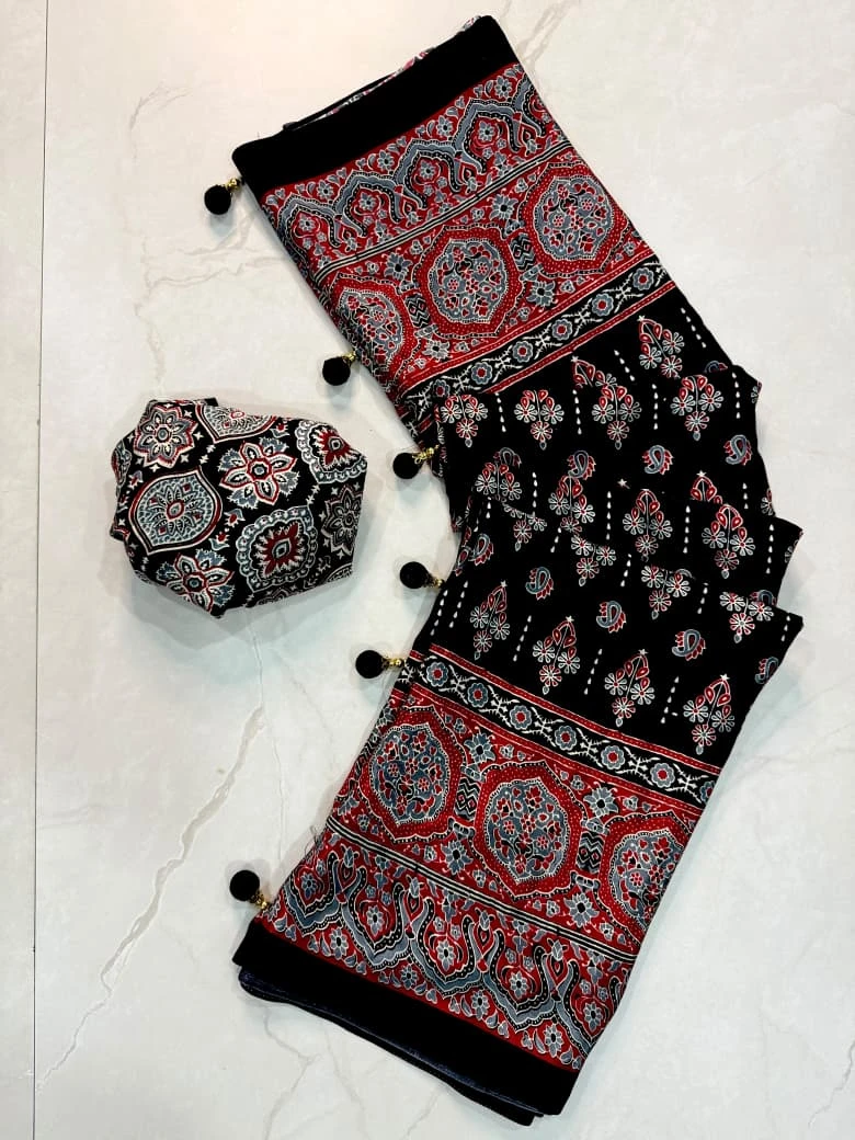 Ajrakh Print Premium Crepe Gajji Silk Saree with Blouse - Black