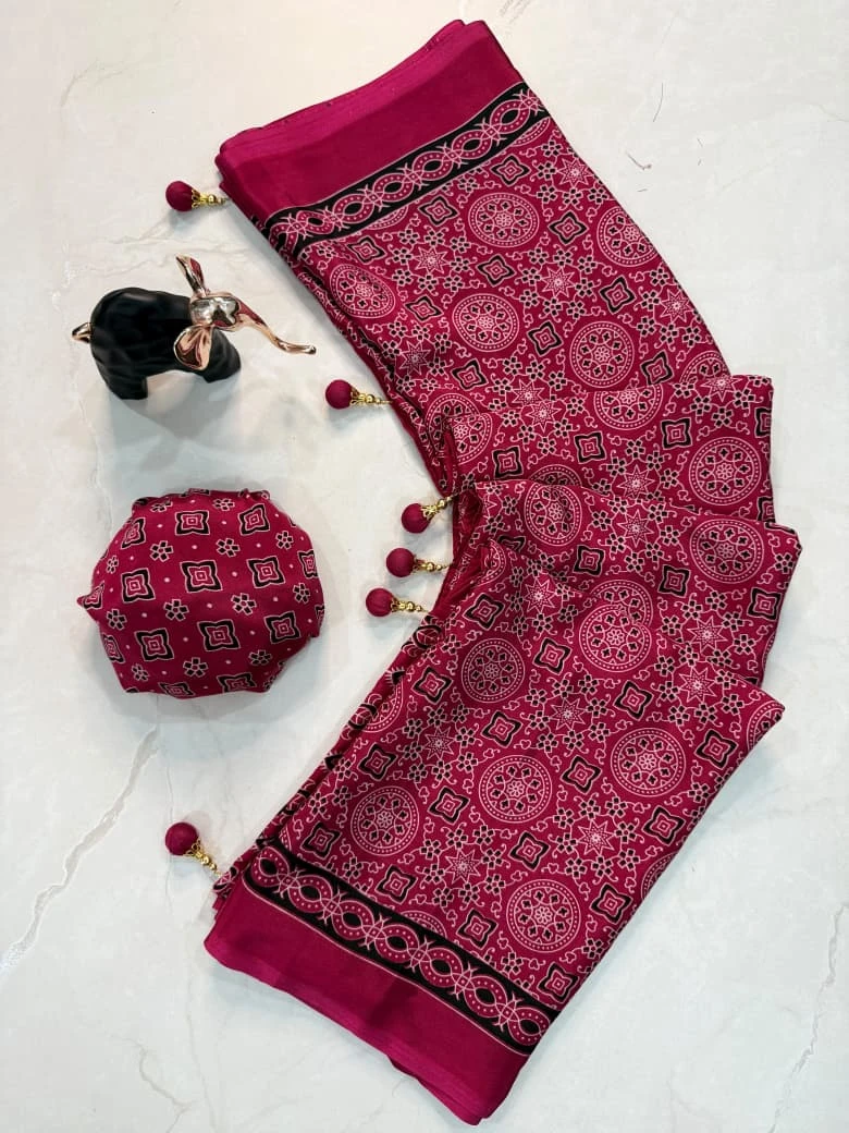 Ajrakh Print Premium Crepe Gajji Silk Saree with Blouse - Magenta Medallion