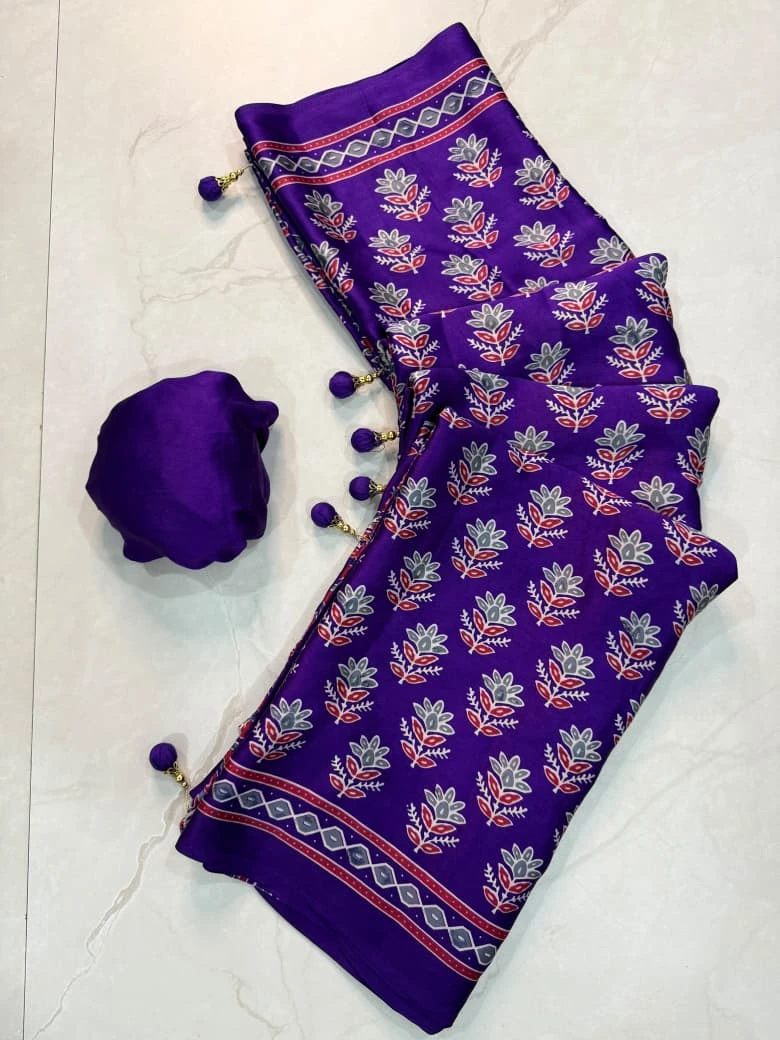 Ajrakh Print Premium Crepe Gajji Silk Saree with Blouse - Purple Floral