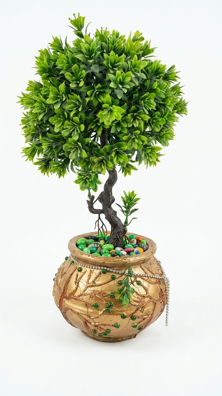 Green artificial plant in an ornate gold decorative pot with bead detailing