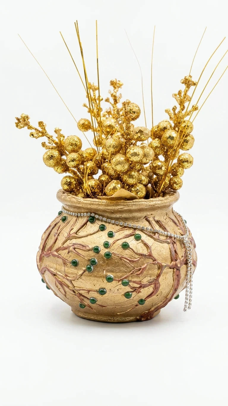Green artificial plant in an ornate gold decorative pot with bead detailing